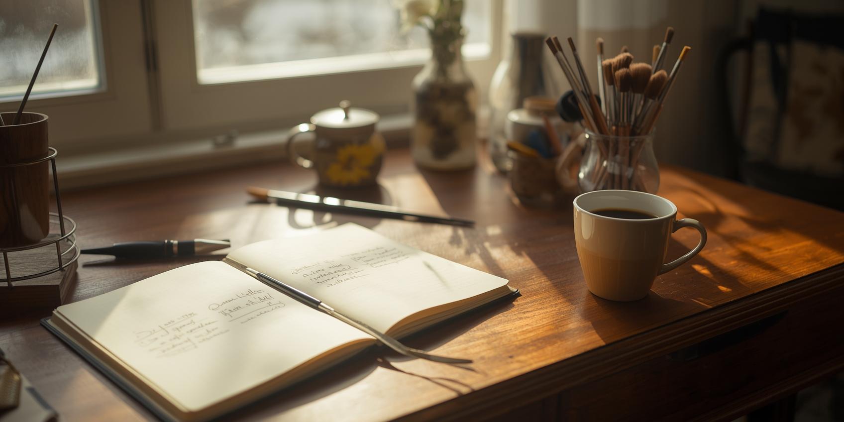 Creative workspace in sunlight symbolizing inspiration and artistic flow.