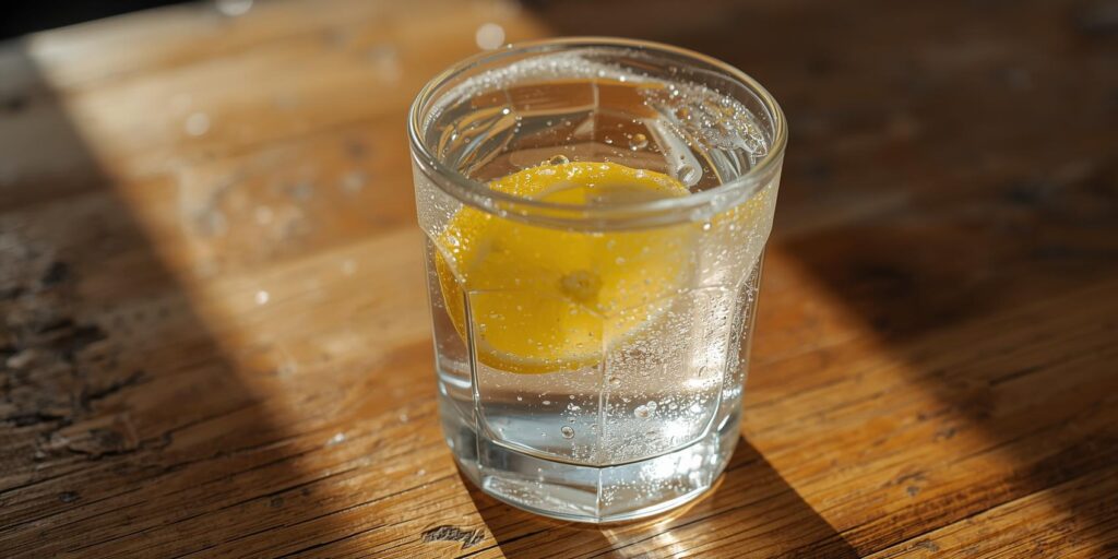 Glass of water with lemon on a morning table