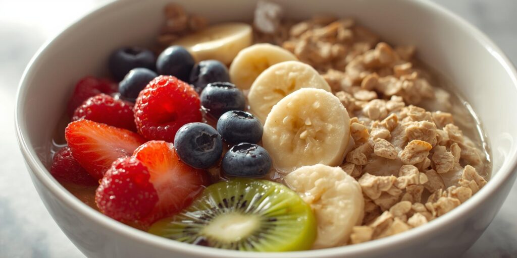 Healthy breakfast bowl with fruits and oatmeal