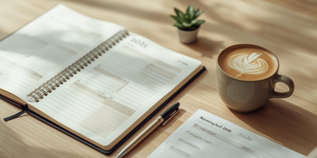 Morning planner with a cup of coffee on the desk